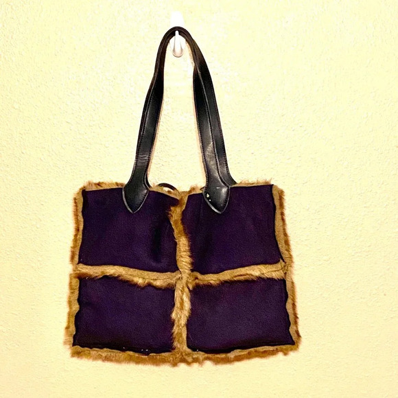 Dennis Basso Faux Suede Faux Fur Shoulder Bag Blue Tie Closure - Picture 2 of 11
